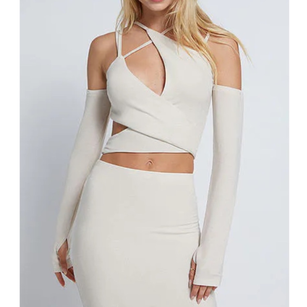 JGR & STN Ivory Asymmetric Cutout Wrap Crop Top